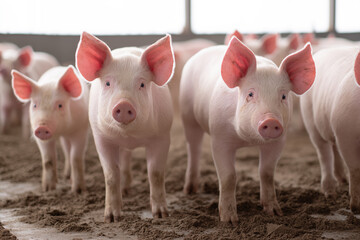 A medium shot of a several pink pigs in a bright barn. Commercial pig farming. Livestock industry.
