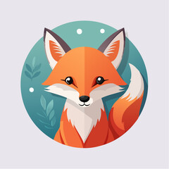 Obraz premium Charming Cartoon Fox Portrait on Teal Circle Background with Cute Features and Gentle Design