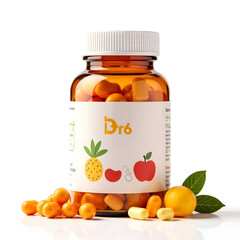 Bottle of vitamin capsules with fruit illustrations on white background, health supplement concept.