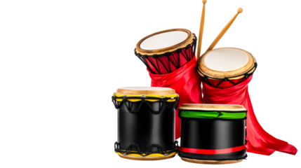 Colorful drums with vibrant ribbons for musical performance