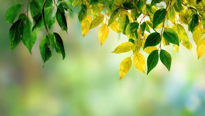 Obraz premium Green and yellow leaves on branches with blurred background