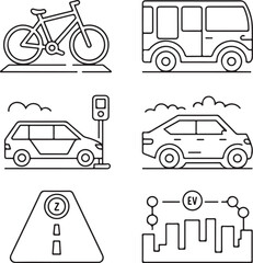 Clean Transportation & E-Mobility Icons Pack Electric Bus, E-Bike Charging, Green Highway, EV Network, Ride Share, and Zero Emission Travel Vector Set