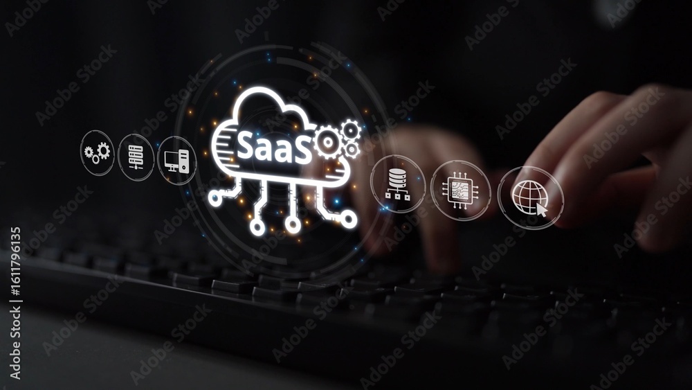 Poster visual representation of saas showing infrastructure, saas deployment, saas platform features, and s
