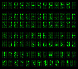 デジタル文字と数字。液晶モニターにアルファベット。時計の文字。黒の背景にデジタルのフォント。
