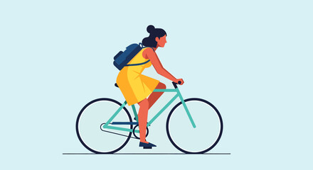 Woman in yellow dress riding a teal bicycle with a blue backpack.