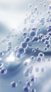 3D vertical render of moisture particles and microbubbles, symbolizing hydration, clarity, and skincare innovation for mobile use.

