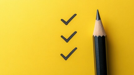 Black Pencil and Three Check Marks on Yellow Background 
