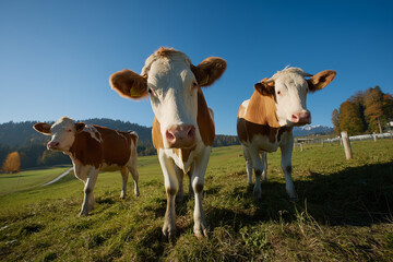 A low-angle medium shot of three brown and white cows standing in a green field under a clear blue sky. The cows are looking towards the viewer. Pasture grazing. Dairy farming.