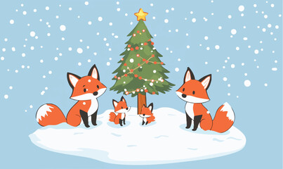 Charming fox family celebrates Christmas together surrounded by falling snow and festive tree