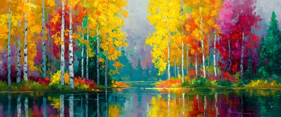 Fotobehang Wachtkamer Oil painting colorful autumn trees. Semi abstract image of forest, aspen trees with yellow - red leaf and lake. Autumn, Fall season nature background. Hand Painted Impressionist, outdoor landscape  © Daniel