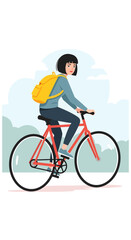 Naklejka premium Woman with Bob Haircut Riding a Red Bicycle with Yellow Backpack.
