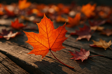 Obraz premium Vibrant orange maple leaf with detailed veins resting on weathered wooden deck planks