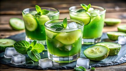 Three glasses of refreshing cucumber and mint infused water