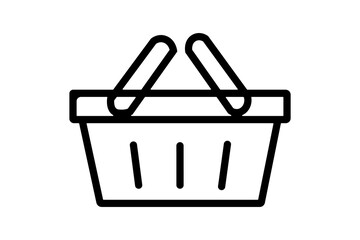 The image is a simple black and white icon of a shopping basket. The basket has two handles crossing each other at the top and three vertical lines on the basket body
