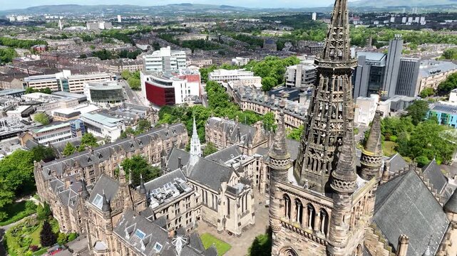Drone shot of University of Glasgow in Glasgow, Scotland, United Kingdom