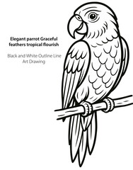 Elegant parrot Graceful feathers tropical flourish Black and White Outline Line Art Drawing Portrait