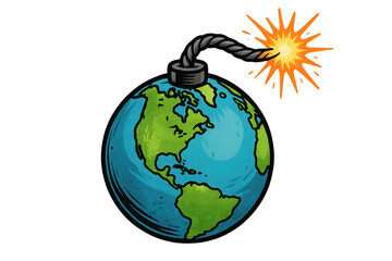Planet earth as a bomb about to explode with burning fuse, transparent background