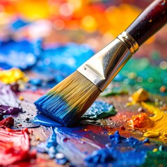 Fototapeta premium Vibrant paintbrush on colorful palette