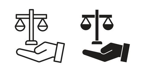 Justice scales in Hand icon logo set. thin line concept simple icon or design element