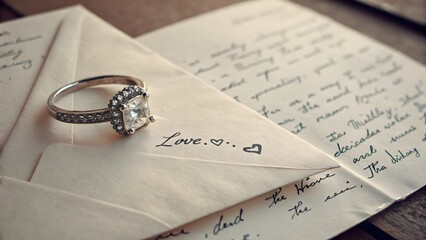 A silver ring with a diamond on an envelope with love written next to it letter