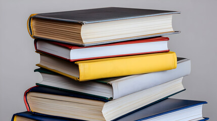 Stack of colorful hardback books, various shades.  Tightly stacked books with visible spines and different colored covers.  s, pages, and bindings are clearly visible