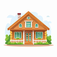 Charming wooden house surrounded by greenery in a peaceful rural setting illustration