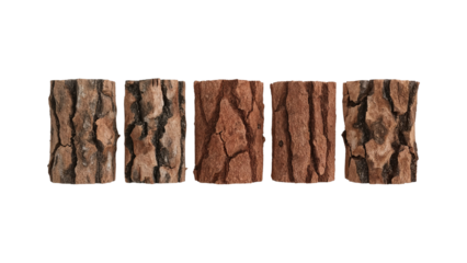 Isolated collection of varied bark cylinders on a transparent scene showcasing natural textures