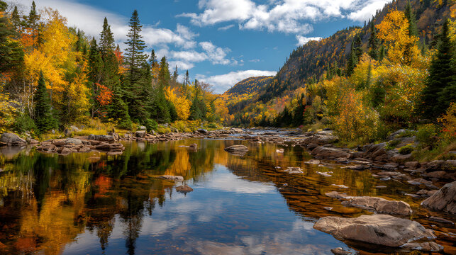 Magnificent colorful Fall day in Jacques Cartier river park, Quebec, Canada