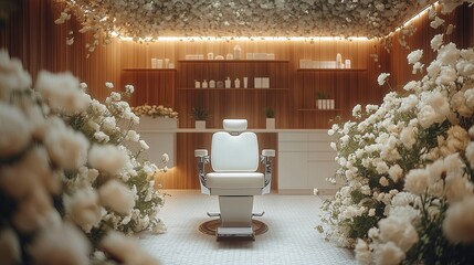 Modern beauty salon interior with floral decor and elegant styling chair