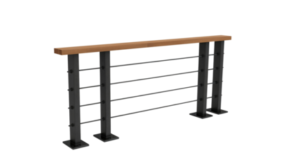 Modern architectural railing with stainless steel cables and wooden handrail on a transparent