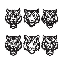 Obraz premium Tiger Head Icon Set – Wild Animal Vector Silhouettes and Emblems