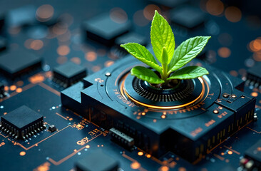 Green plant sprouting from microchip symbolizing eco-friendly technology growth.