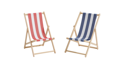 Isolated beach chairs in red and blue stripes symbolizing summer relaxation and vacation on a