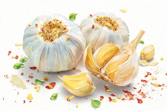 Watercolor illustration of garlic bulbs, cloves, and chili flakes, symbolizing culinary spice, healthy ingredients, and rustic cooking.
