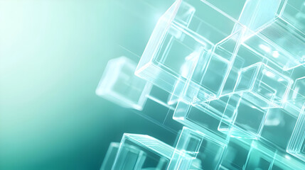 Abstract graphic of translucent cubes in light teal.  Layered, geometric shapes with a soft glow