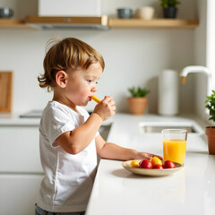 Little boy eating fruits and drinking juice in bright modern kitchen with natural light.