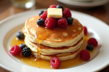 Sweet Fluffy Pancakes Stack with Syrup and Berries Breakfast Plate ai generated