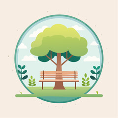 Flat vector illustration of a wooden park bench under a large tree with a white snow-covered canopy.