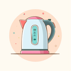 A stylish cartoon electric kettle with pastel pink and blue accents Modern flat design illustration of a kitchen appliance.
