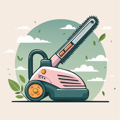 Stylized cartoon chainsaw with a pink body teal base and sharp serrated blade.