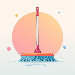 Vibrant cartoon push broom with blue bristles an orange head and a pink handle.