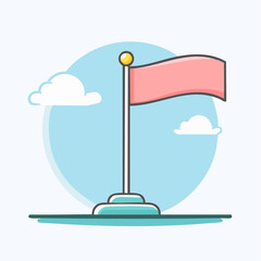 Simple cartoon illustration of a waving pink flag on a flagpole with a tiered stand.