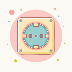 Cute cartoon illustration of a pastel yellow and blue European wall power socket with a hand-drawn style.