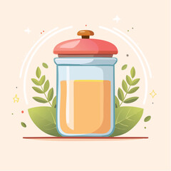 A charming glass jar of golden liquid with a red white and brown lid.