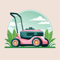 Vibrant pink and teal push lawnmower with a sleek handle depicted in a clean flat vector illustration style.