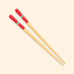 A pair of traditional wooden chopsticks with red painted handles and a teal stripe design.
