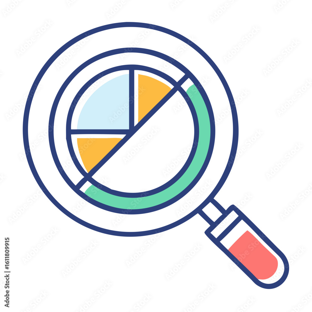 Poster vector magnifying glass showing a pie chart with different sections on transparent background