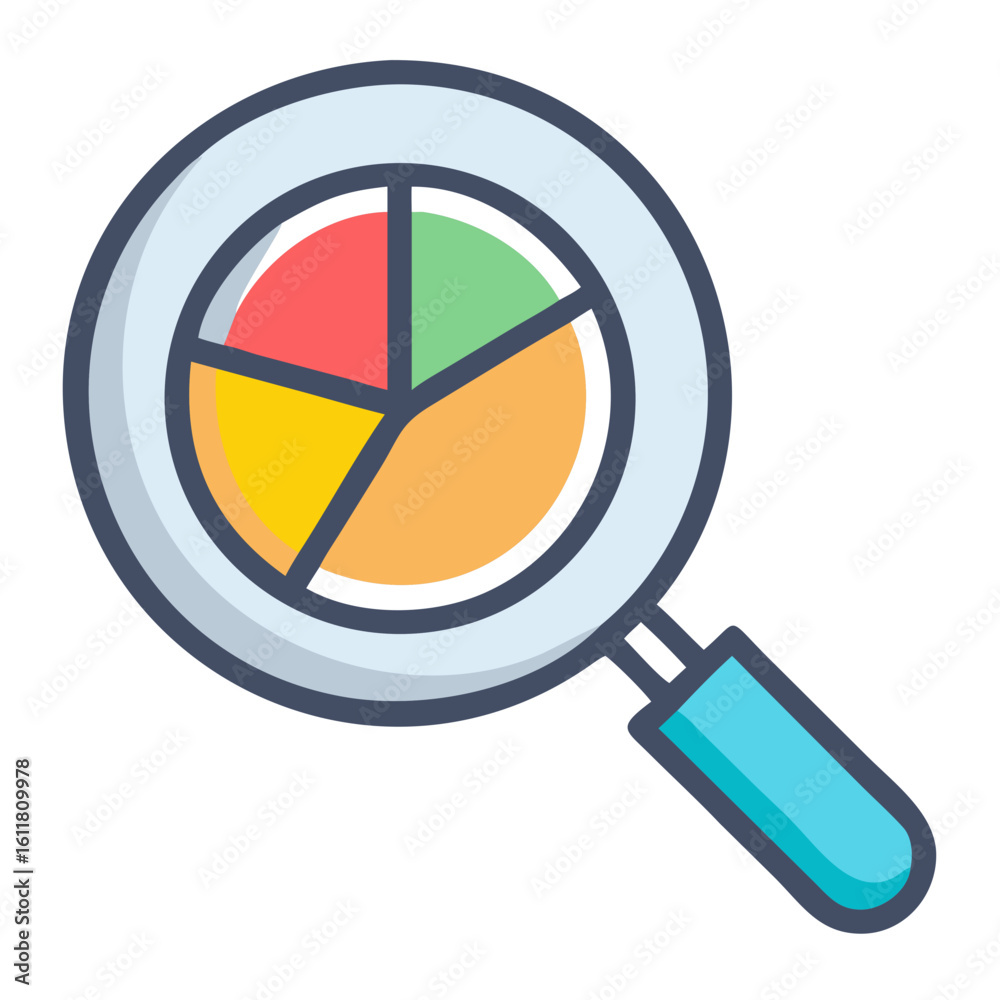 Poster vector a magnifying glass showing a colorful pie chart analysis view on transparent background