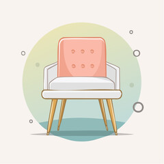Elegant retro armchair with a pink tufted back white seat and angled wooden legs.