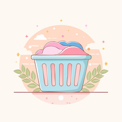 Cute cartoon laundry basket in light blue overflowing with pink and blue clothing.